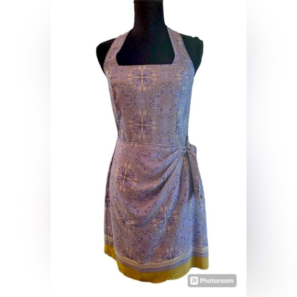 La Belle, Blue Cream and Green, Knee Length Halter Faux Wrap Dress Size 9